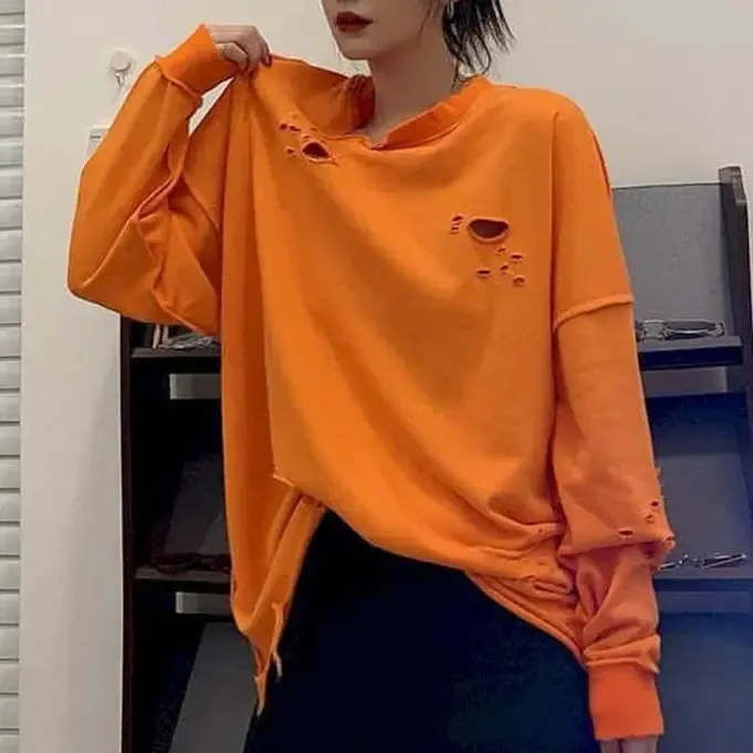 Casual Oversized Sweatshirt For Women Round Neck Long Sleeve Patchwork Hole Designer Pullovers Sweatshirts Female Style