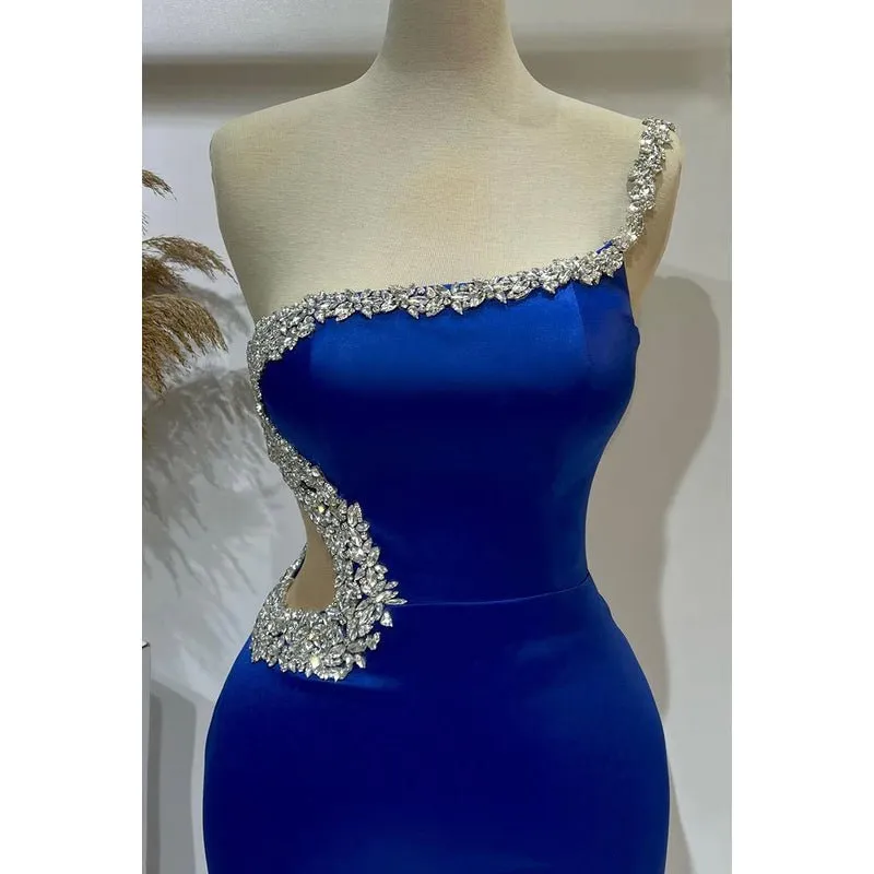 Couture & Ornate One Shoulder Sleeveless Sheath Side Slit Prom Dress With Rhinestones
