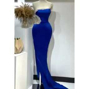 Couture & Ornate One Shoulder Sleeveless Sheath Side Slit Prom Dress With Rhinestones