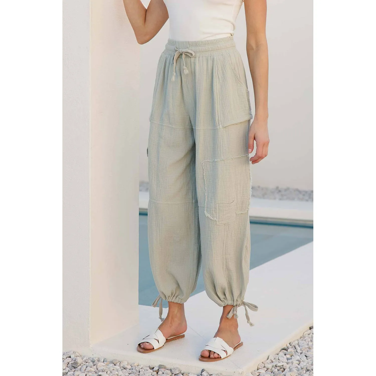 Crinkle Gauze Cargo 2-In-1 Drawstring Tie Hem Jogger - Sage