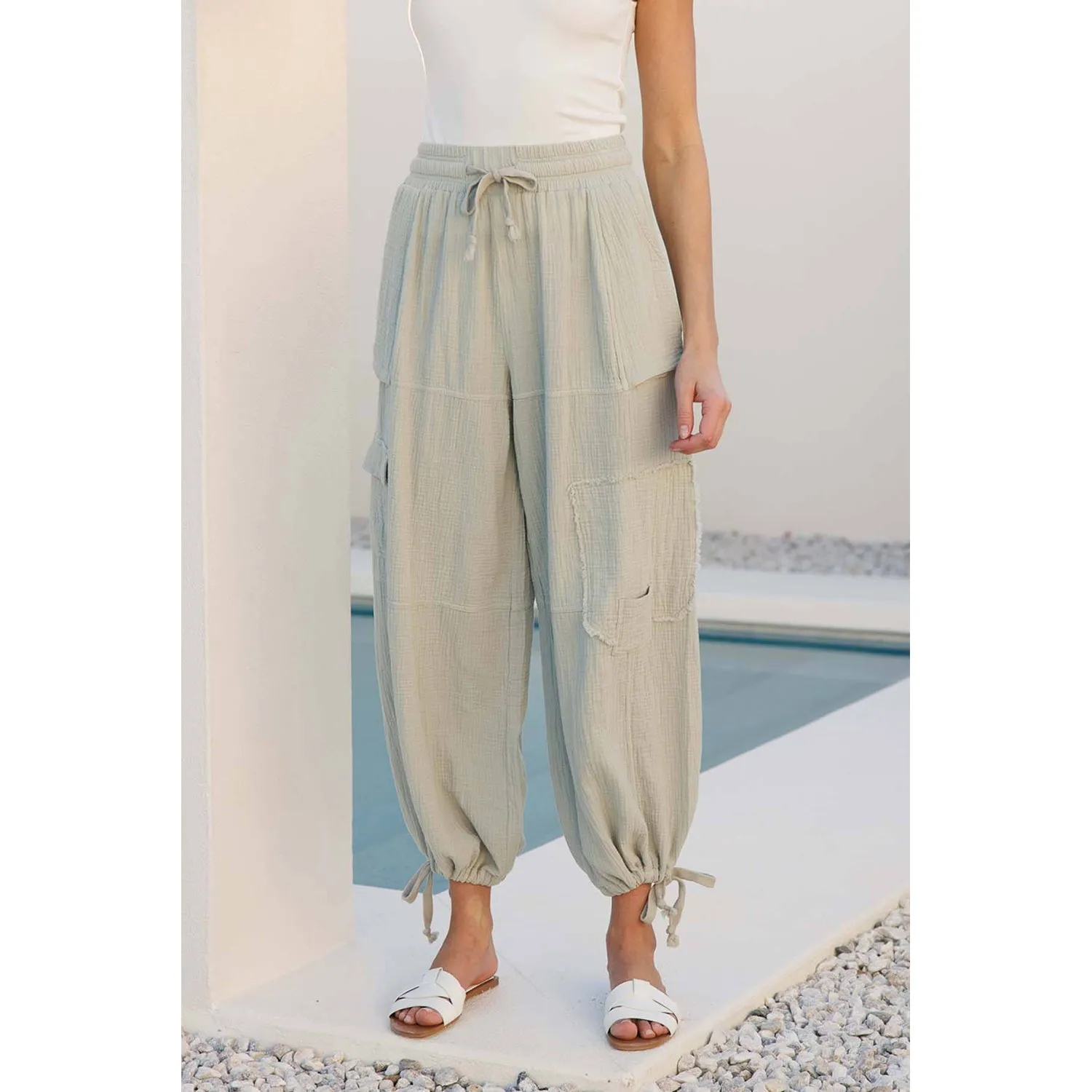 Crinkle Gauze Cargo 2-In-1 Drawstring Tie Hem Jogger - Sage