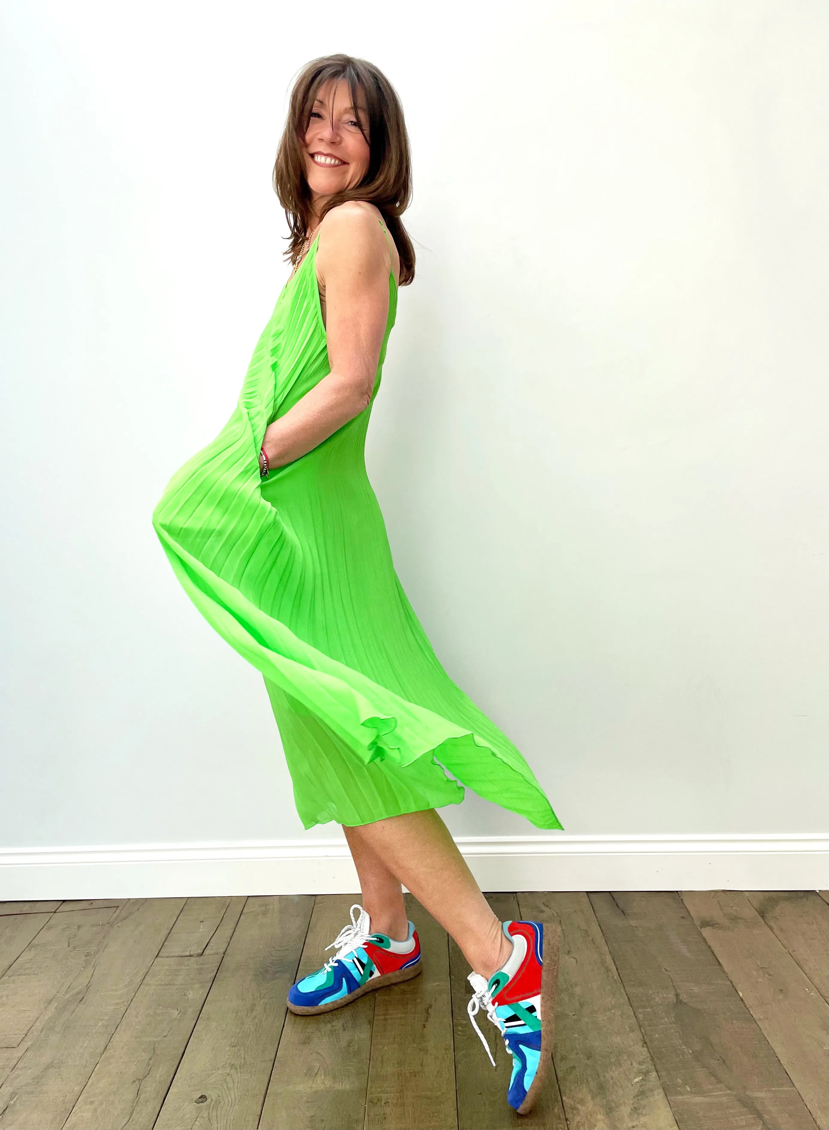 EA Zague Pleated Slipdress in Flash Lime
