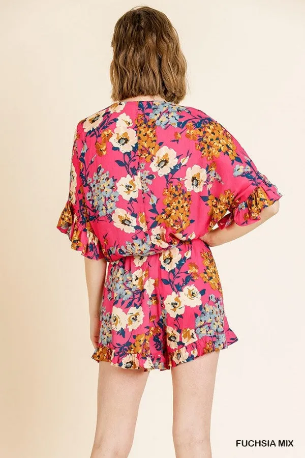 Floral Print Short Sleeve Ruffle Jumpsuit