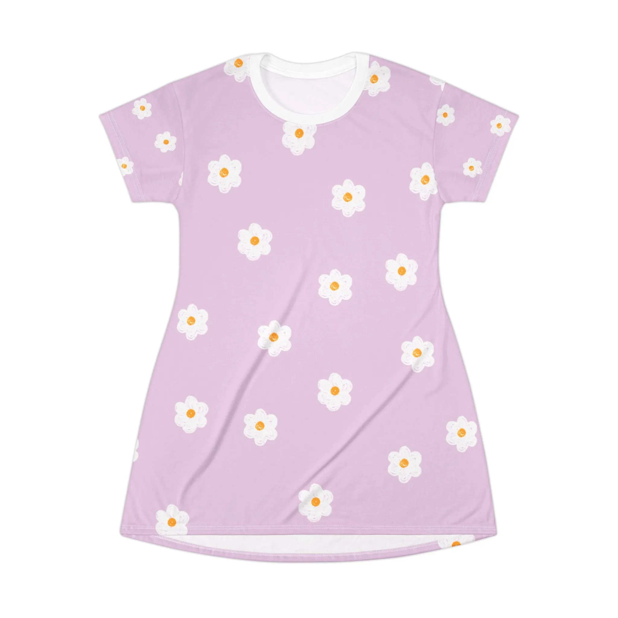 Floral Short Sleeve T-Shirt Dress - Cute Lavender Daisy Design for Spring & Summer Style