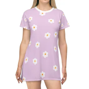 Floral Short Sleeve T-Shirt Dress - Cute Lavender Daisy Design for Spring & Summer Style