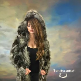 FUR ACCENTS Exotic Faux Fur Shaggy Brown Feather Fur - Mink Hooded Long Coat - Jacket - One Size - Oversize