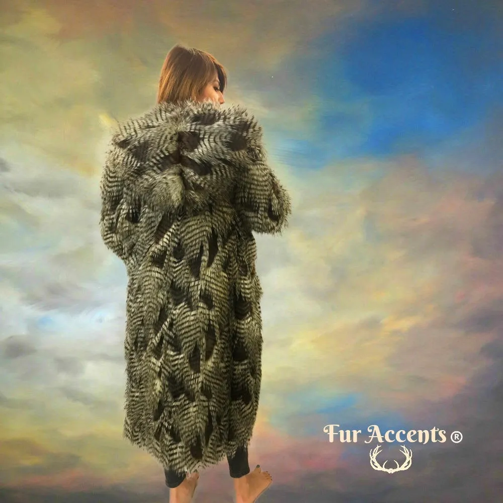 FUR ACCENTS Exotic Faux Fur Shaggy Brown Feather Fur - Mink Hooded Long Coat - Jacket - One Size - Oversize