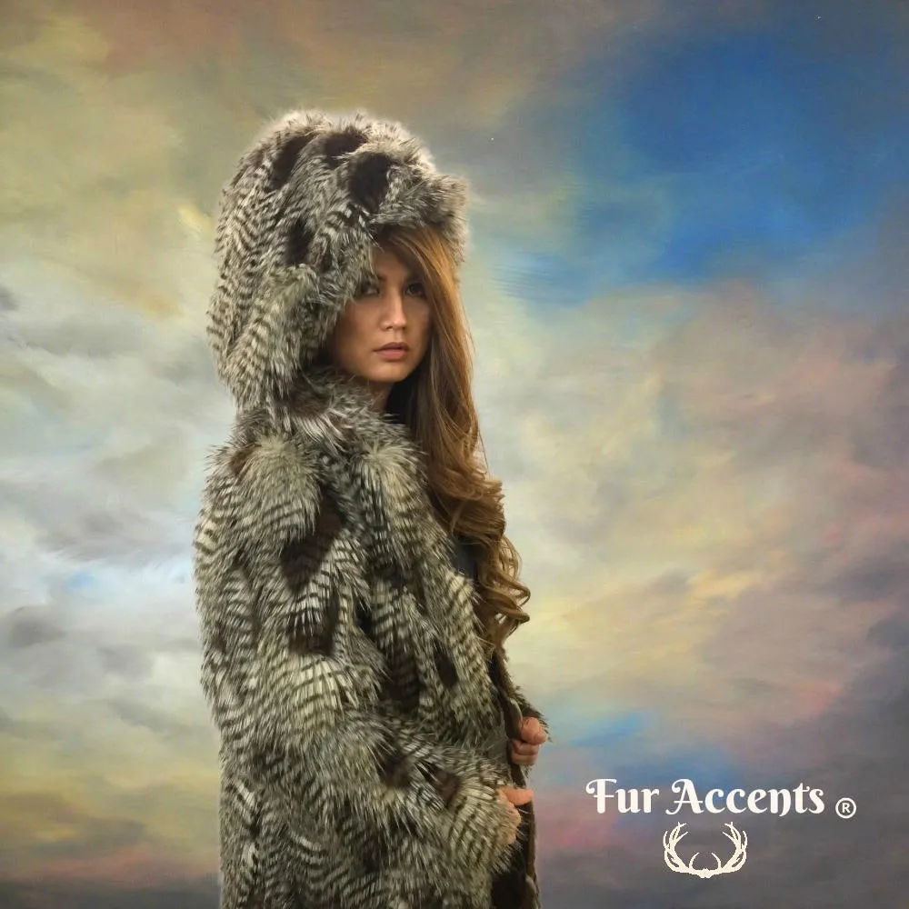 FUR ACCENTS Exotic Faux Fur Shaggy Brown Feather Fur - Mink Hooded Long Coat - Jacket - One Size - Oversize