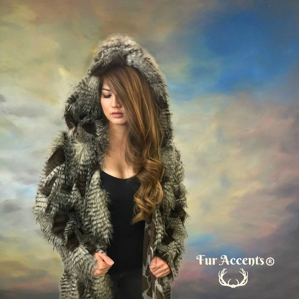 FUR ACCENTS Exotic Faux Fur Shaggy Brown Feather Fur - Mink Hooded Long Coat - Jacket - One Size - Oversize