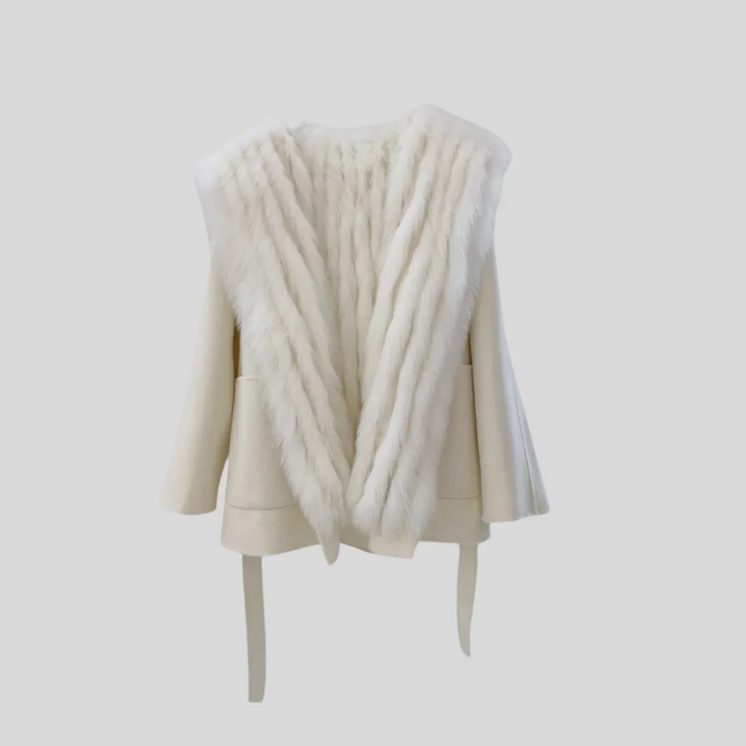 Fur Coat with Real Fox Fur And Waist-Belt - Ivory