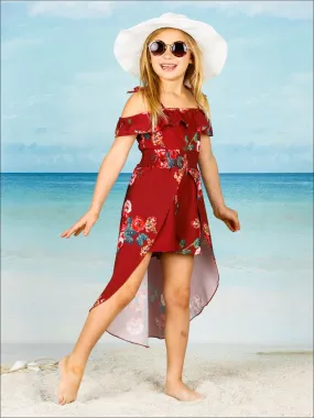 Girls Spring Floral Print Off Shoulder Hi-Low Jumpsuit