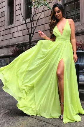 Green V-Neck Chiffon Long A-Line Prom Dress