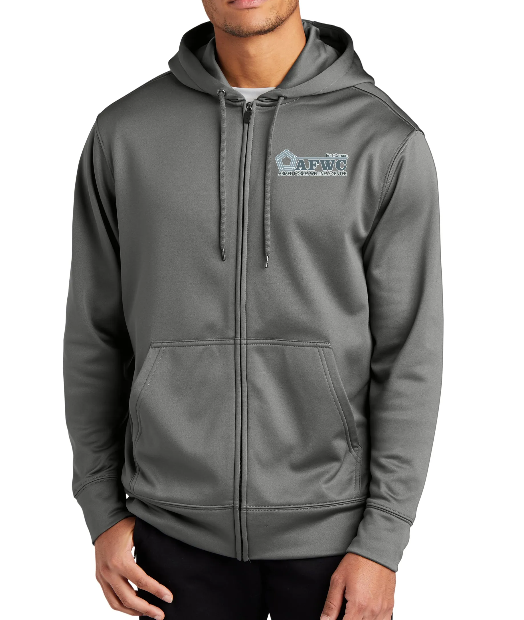 Grey Full Zip Polyester Hoodie Unisex Sweatshirt. Plain Back