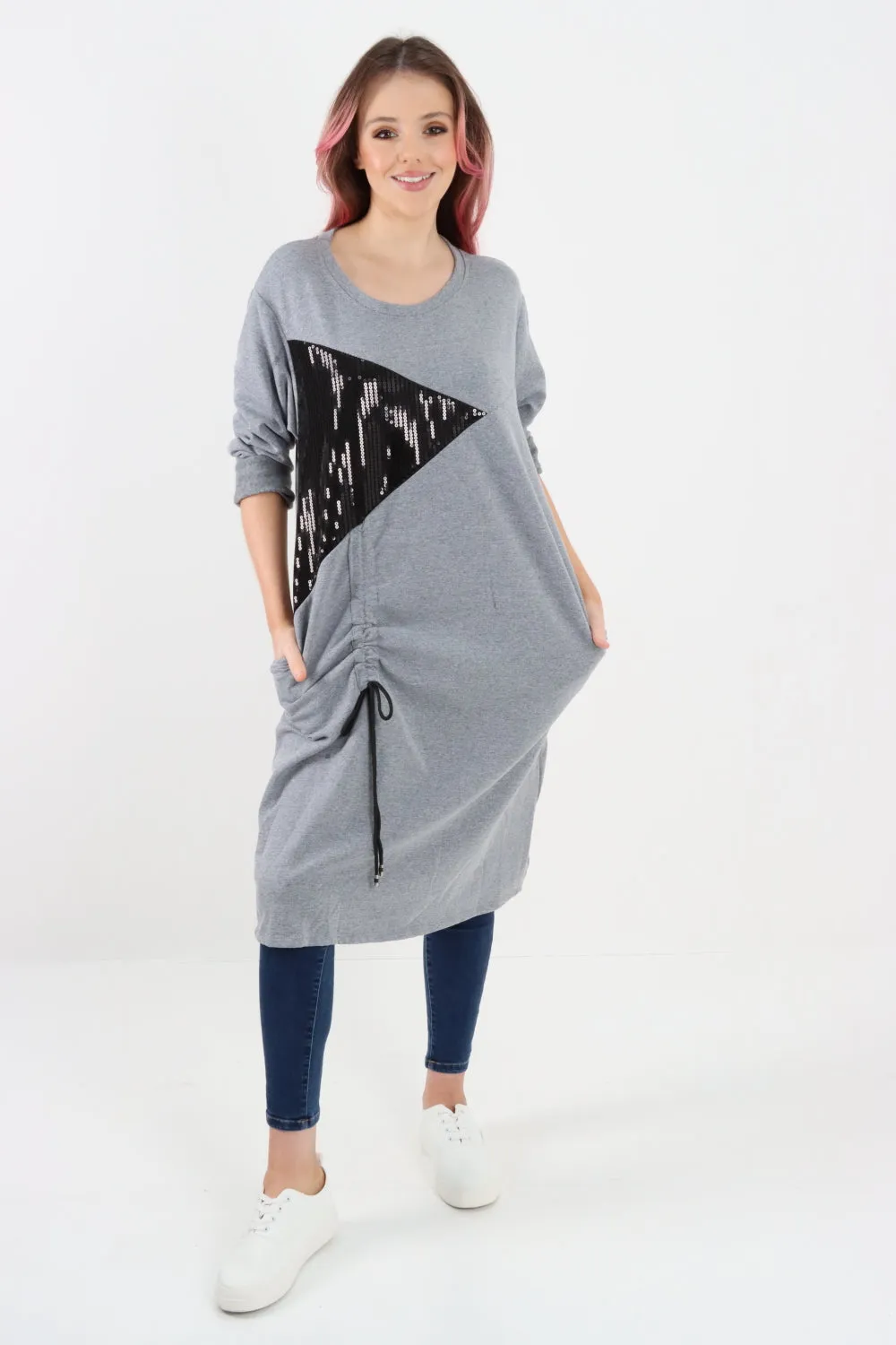 Italian Sequin Panel Ruched String Detail Jersey Tunic