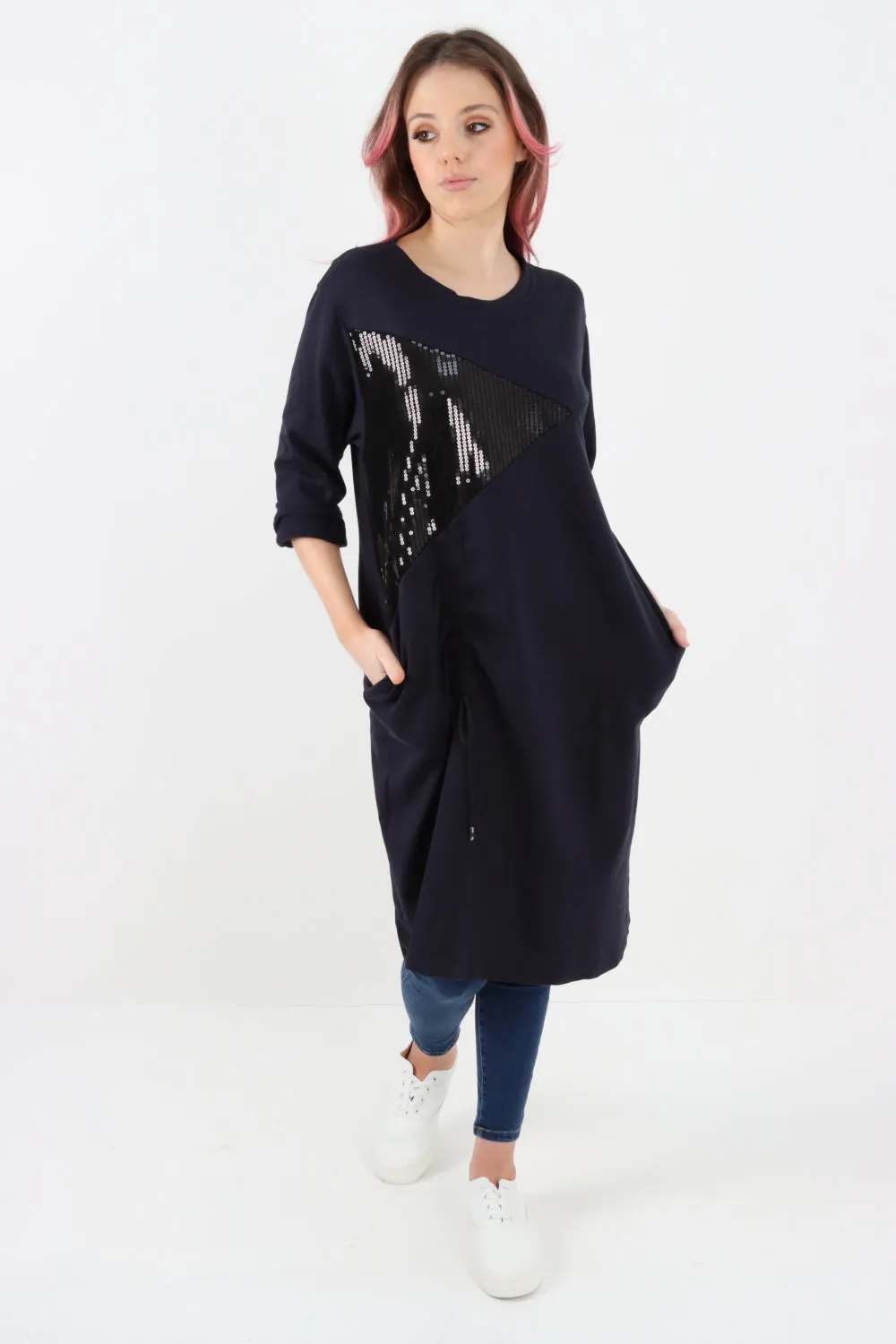 Italian Sequin Panel Ruched String Detail Jersey Tunic