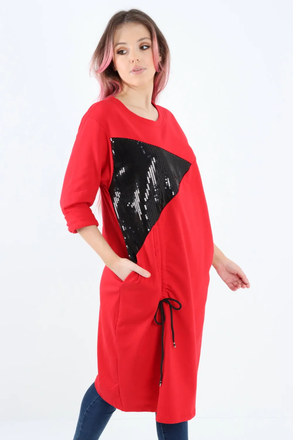 Italian Sequin Panel Ruched String Detail Jersey Tunic