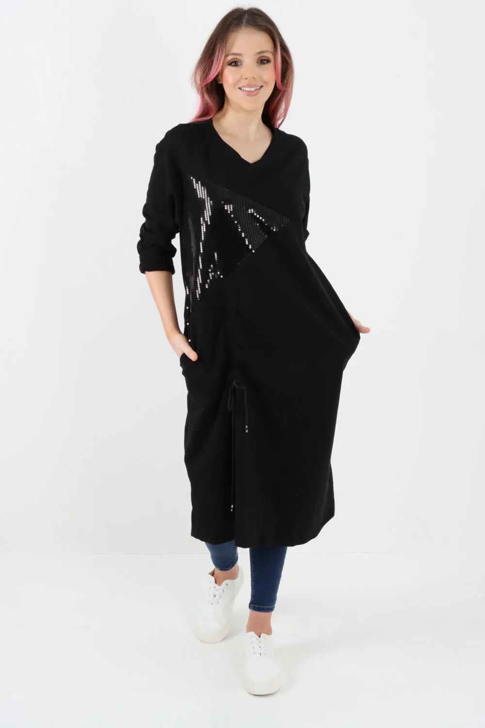 Italian Sequin Panel Ruched String Detail Jersey Tunic