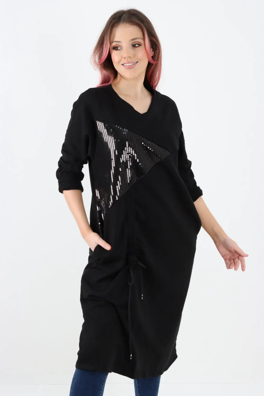 Italian Sequin Panel Ruched String Detail Jersey Tunic
