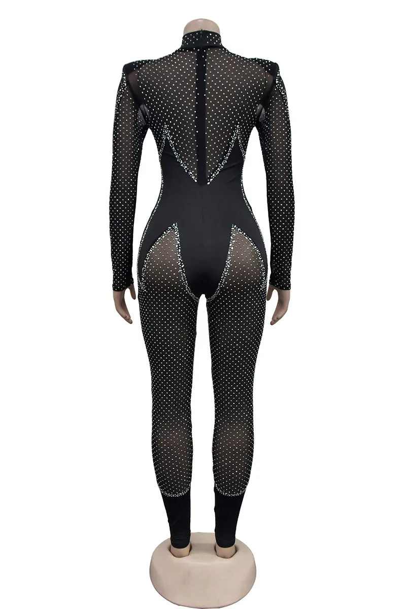 JM0477 Rhinestones Mesh Jumpsuits