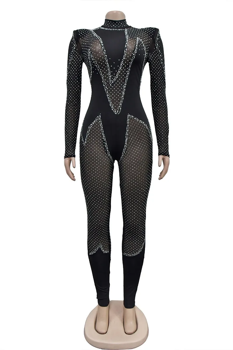 JM0477 Rhinestones Mesh Jumpsuits