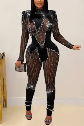 JM0477 Rhinestones Mesh Jumpsuits