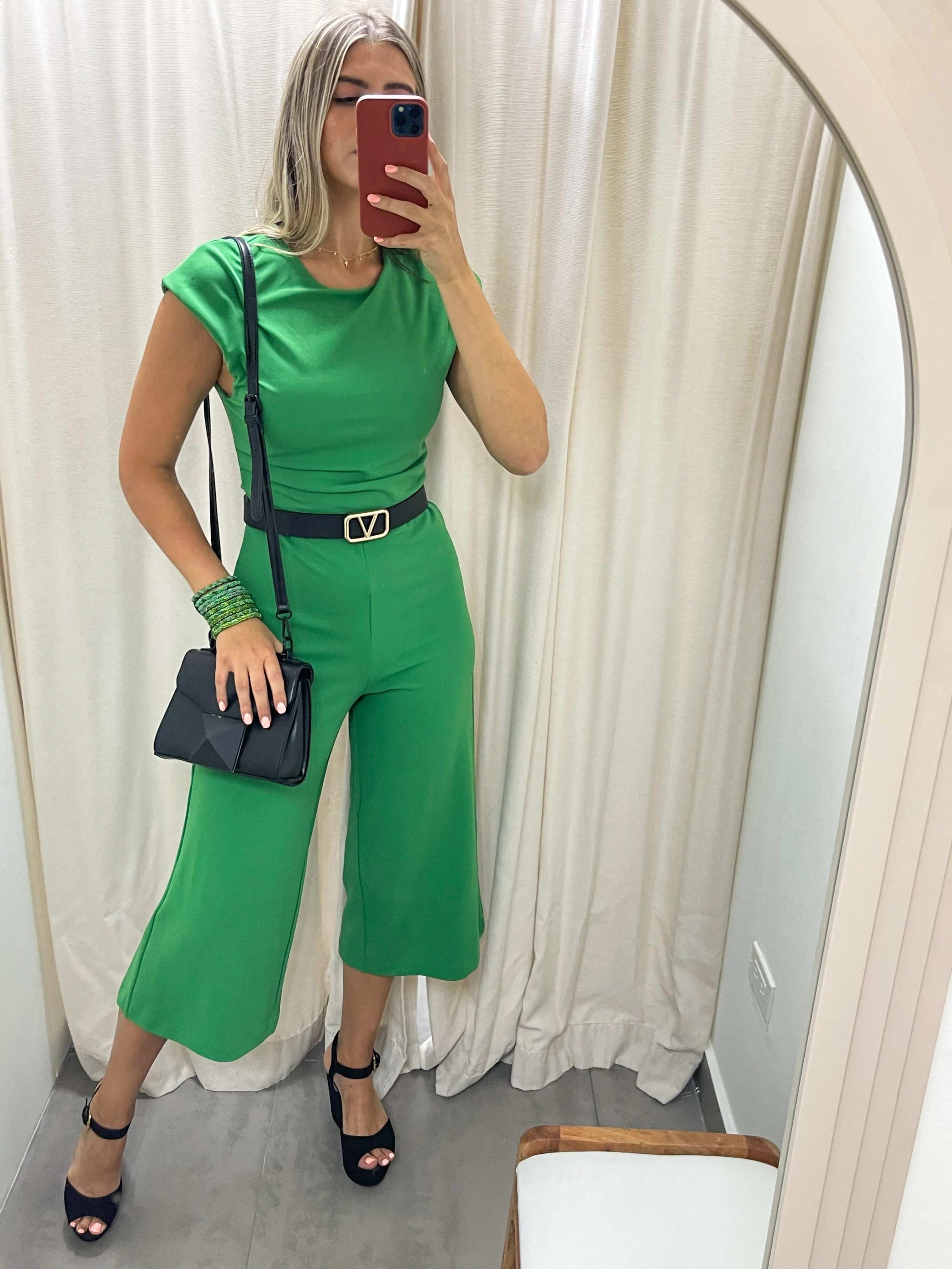KELLY GREEN ROUND NECK MIDI JUMPSUIT