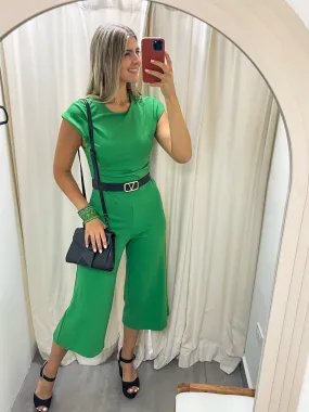 KELLY GREEN ROUND NECK MIDI JUMPSUIT