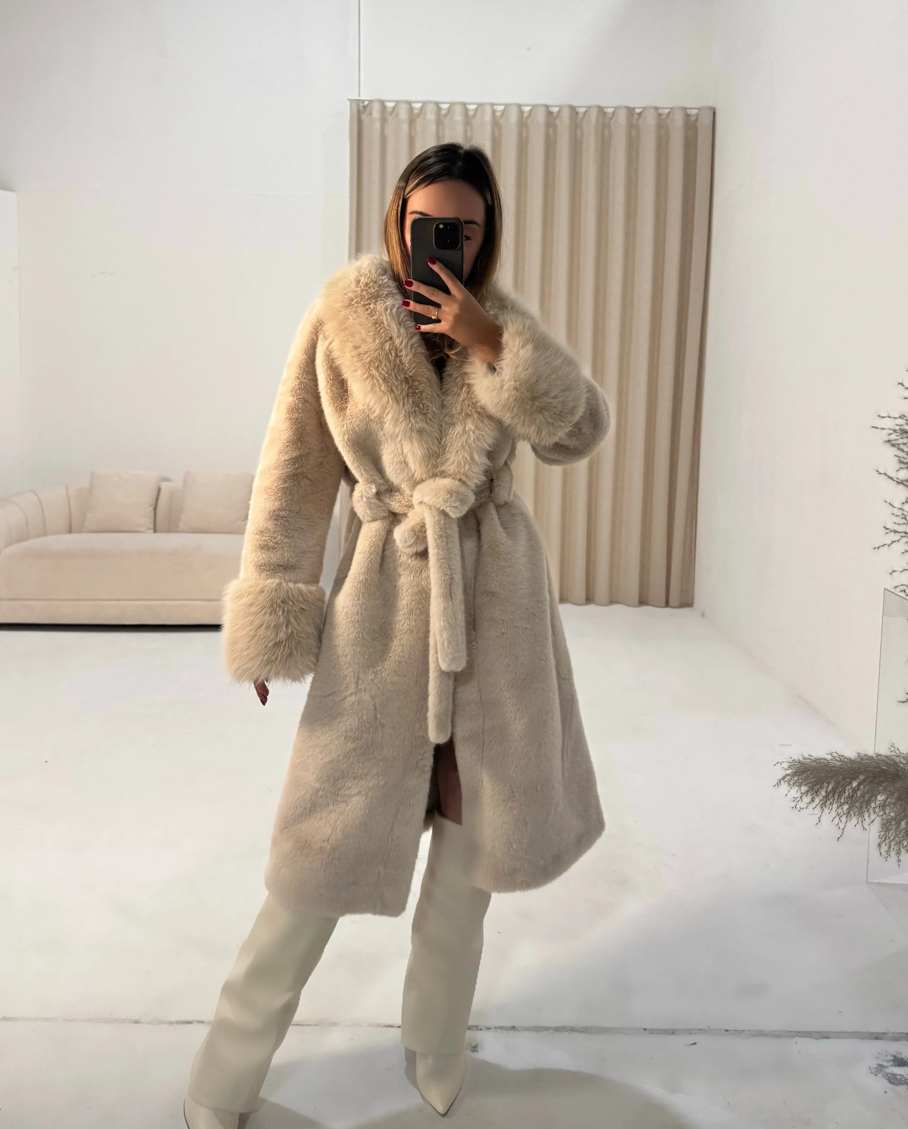 MIMI Faux Fur Long Sleeved Belted Coat in Latte