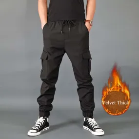 New Winter Men Pants Thick Fleece Joggers Multi Pocket Loose Sport Trousers Male Casual Warm Sweatpants Cargo Pants
