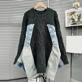 Patchwork Denim Colorblock Sweater For Women Round Neck Long Sleeve Streetwear Casual Pullover Female Clothing