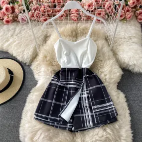 Patchwork Plaid Fake Two-Piece Sling Jumpsuit