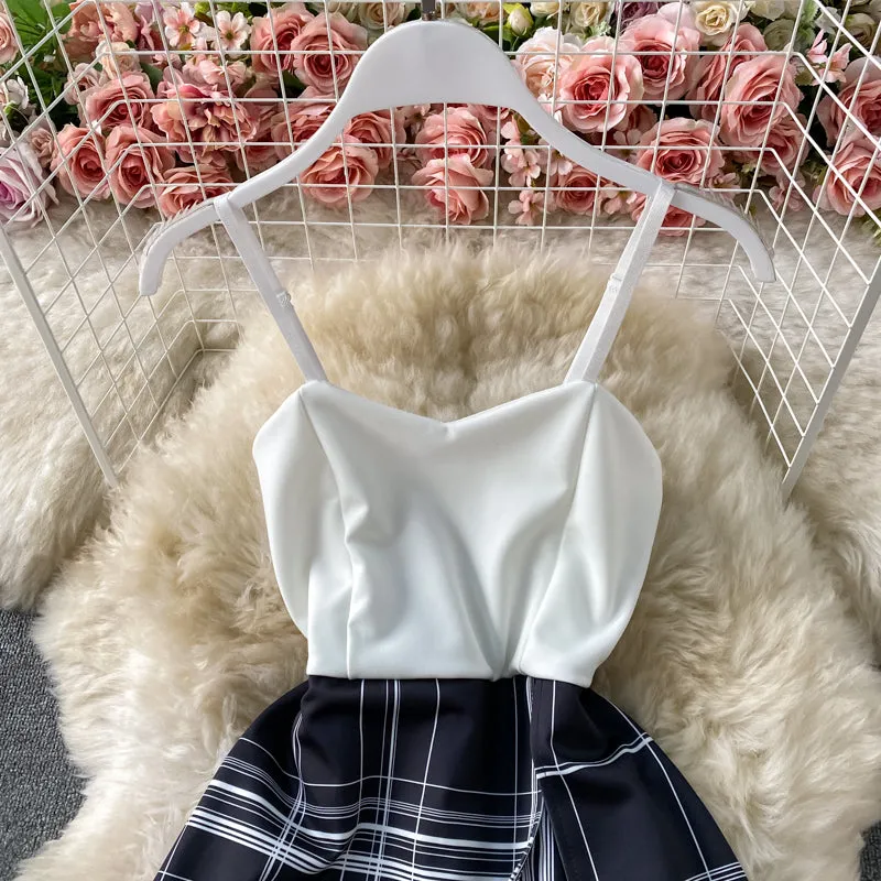 Patchwork Plaid Fake Two-Piece Sling Jumpsuit
