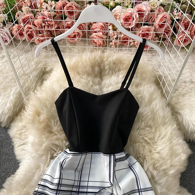Patchwork Plaid Fake Two-Piece Sling Jumpsuit