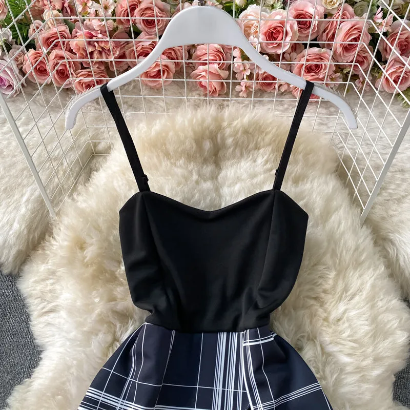 Patchwork Plaid Fake Two-Piece Sling Jumpsuit