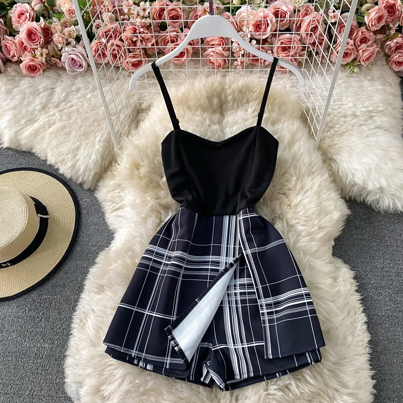 Patchwork Plaid Fake Two-Piece Sling Jumpsuit