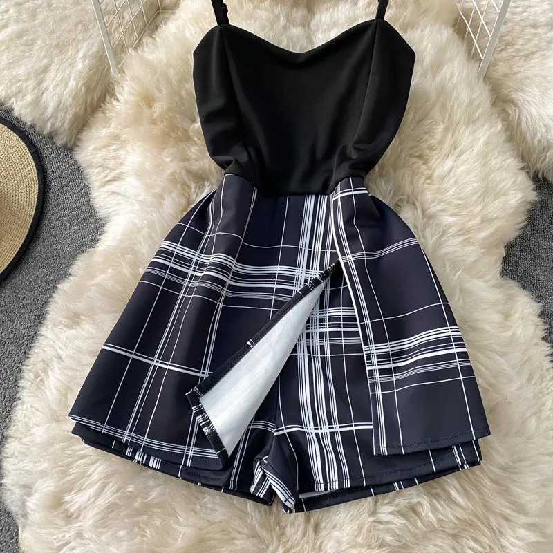 Patchwork Plaid Fake Two-Piece Sling Jumpsuit