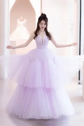 Purple Tulle Long A-Line Formal Dress, A-Line Strapless Evening Party Dress