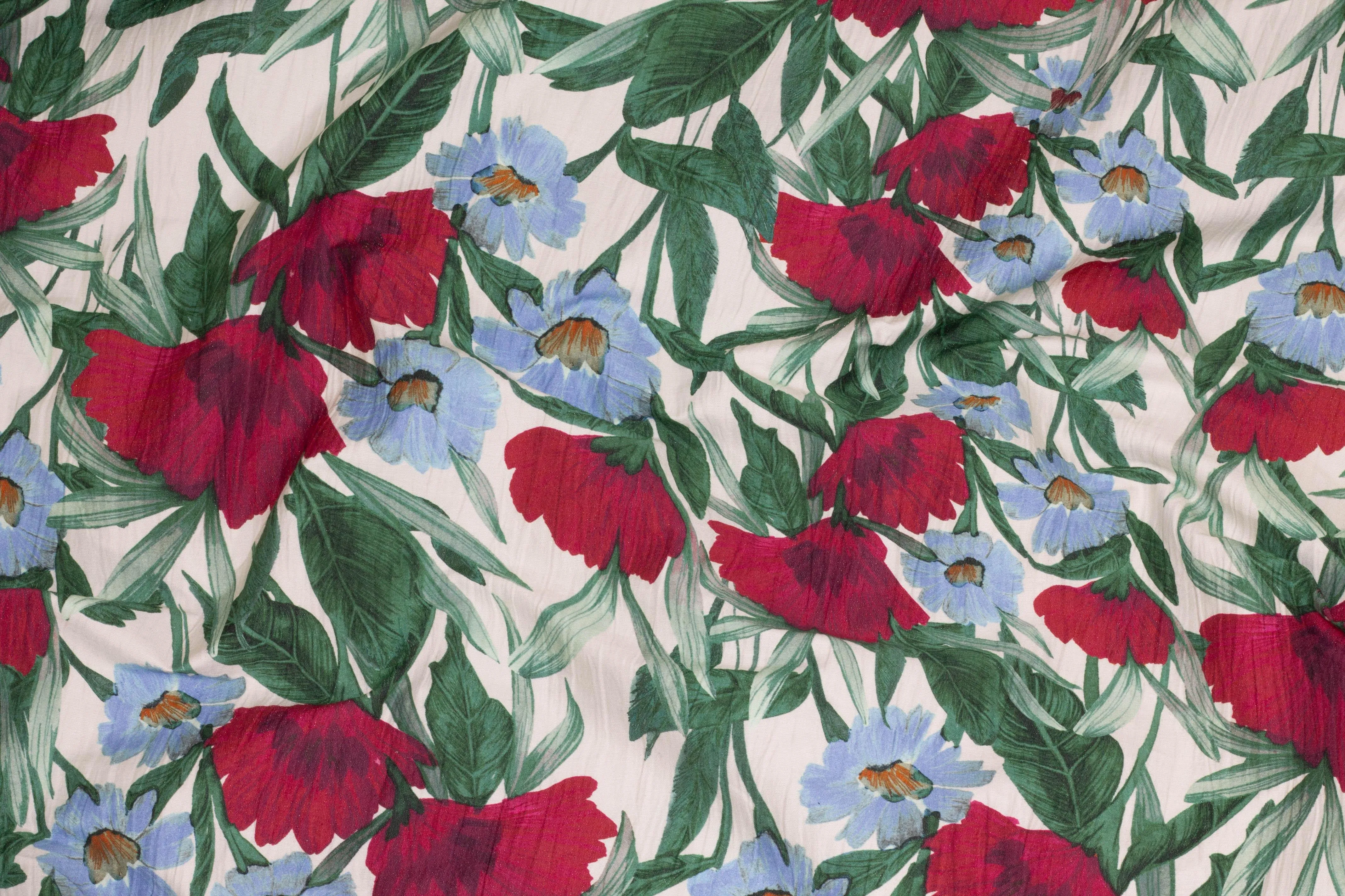 Red, Blue and Green Floral Crushed Stretch Cotton