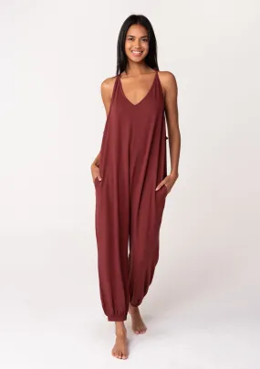 Relaxed V Neck Tie Back French Terry Jumpsuit