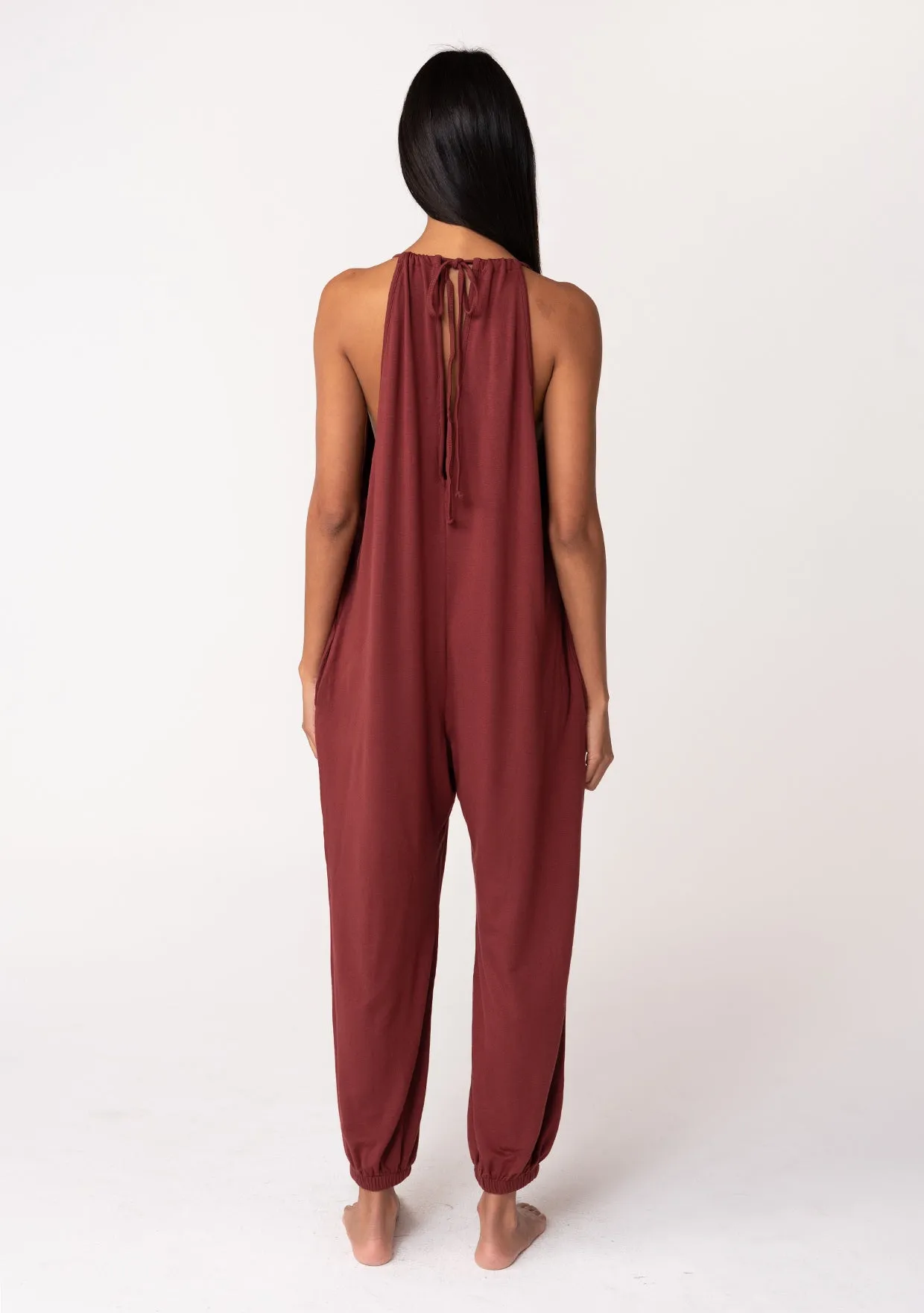 Relaxed V Neck Tie Back French Terry Jumpsuit