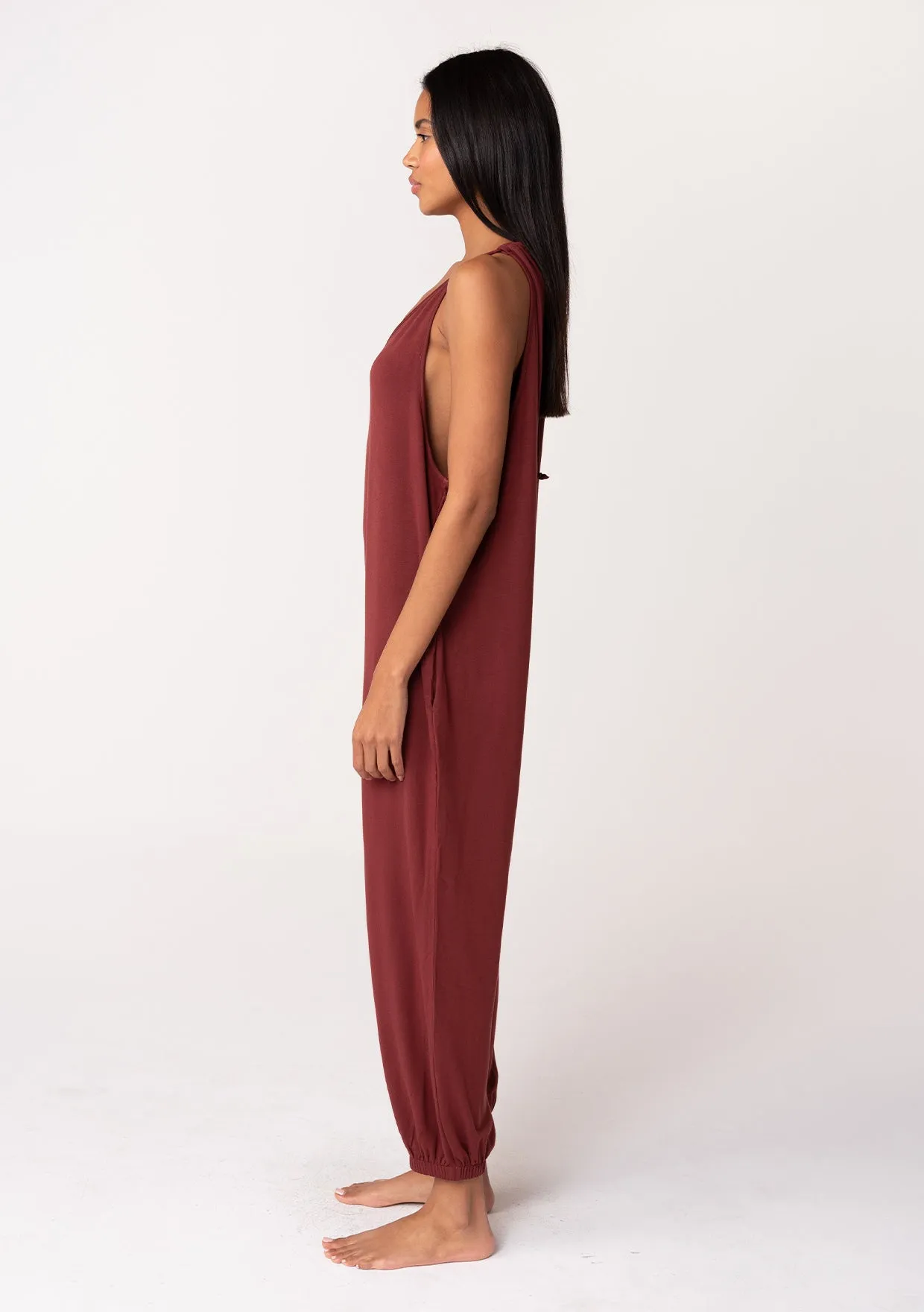 Relaxed V Neck Tie Back French Terry Jumpsuit