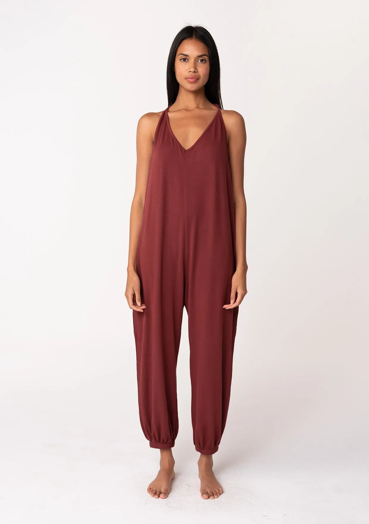Relaxed V Neck Tie Back French Terry Jumpsuit