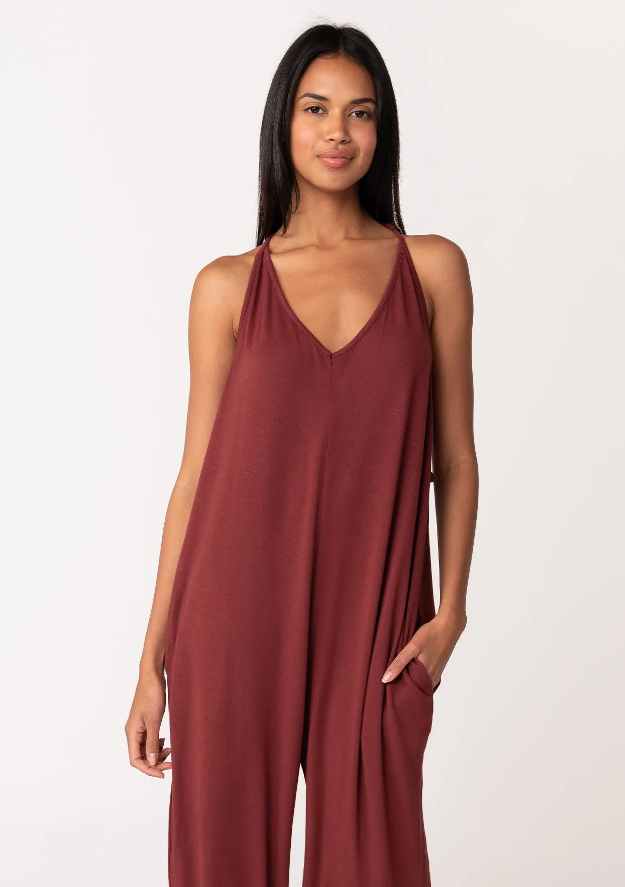Relaxed V Neck Tie Back French Terry Jumpsuit