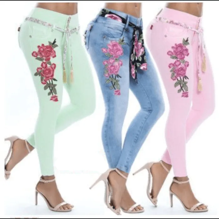 Sexy High Waist Embroidery Skinny Denim Pants