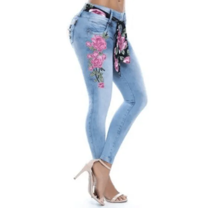 Sexy High Waist Embroidery Skinny Denim Pants