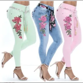 Sexy High Waist Embroidery Skinny Denim Pants