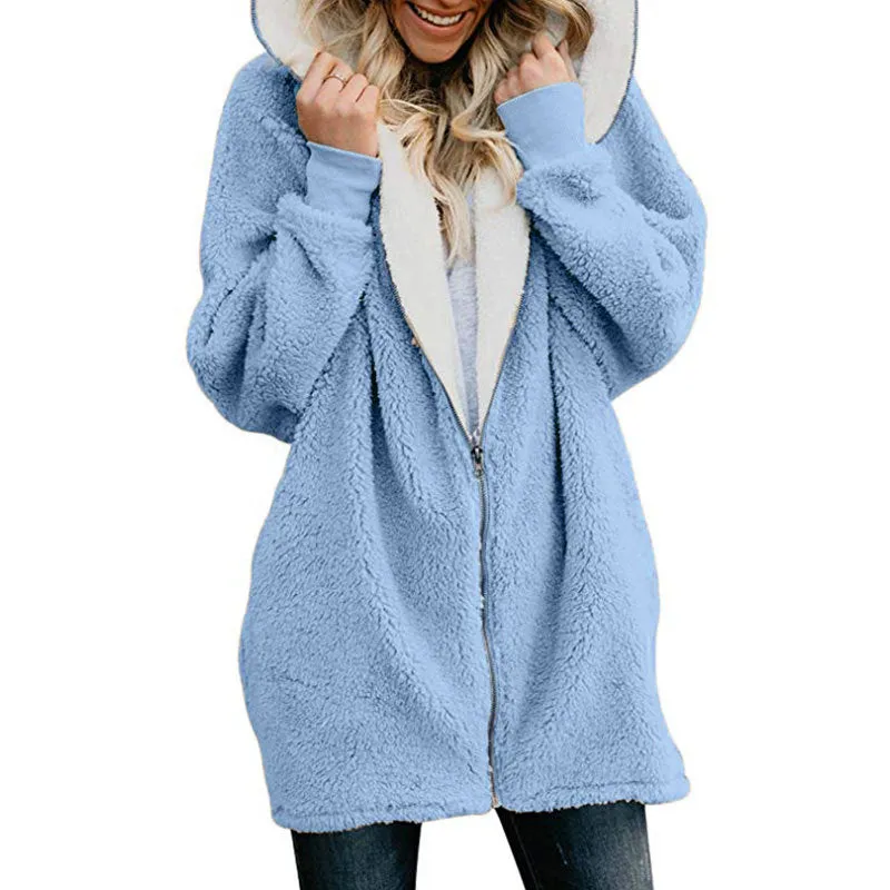 Solid Color Zipper Women Oversized Hooded Plus Size Teddy Coat