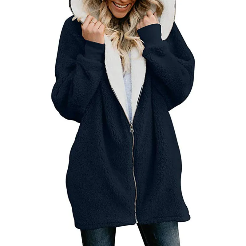 Solid Color Zipper Women Oversized Hooded Plus Size Teddy Coat
