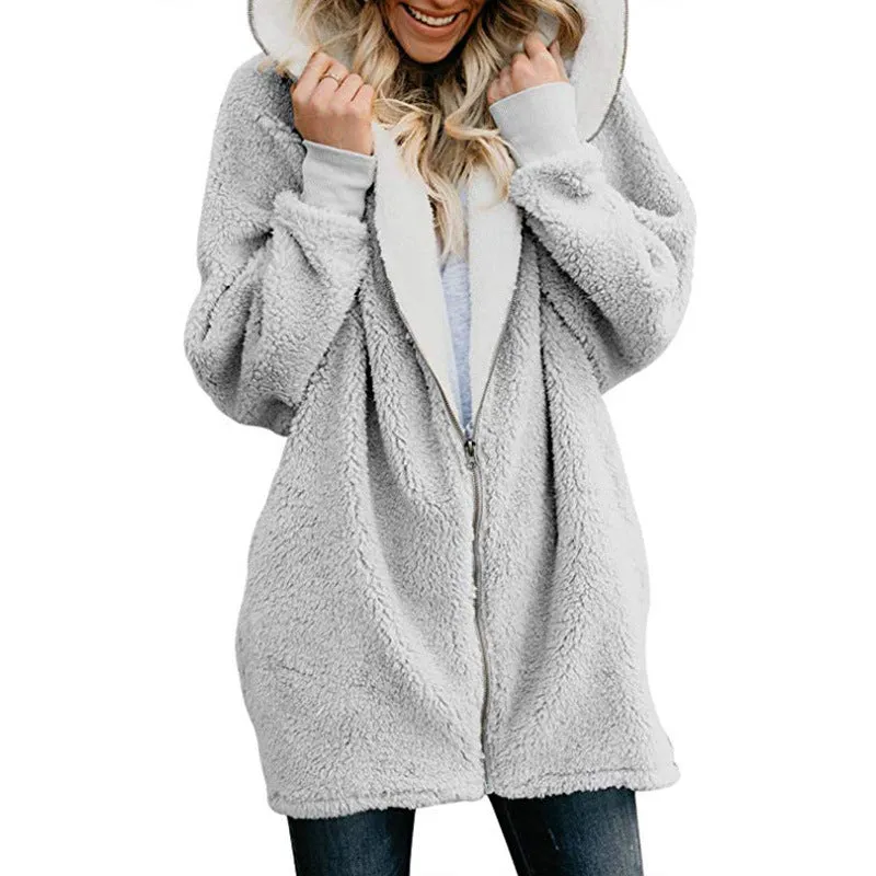 Solid Color Zipper Women Oversized Hooded Plus Size Teddy Coat