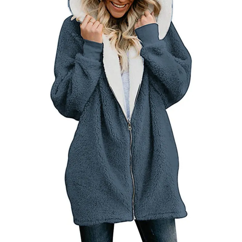 Solid Color Zipper Women Oversized Hooded Plus Size Teddy Coat